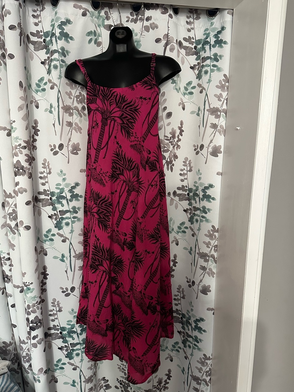 Fuchsia Palm-Print Maxi Dress with Slim Straps
